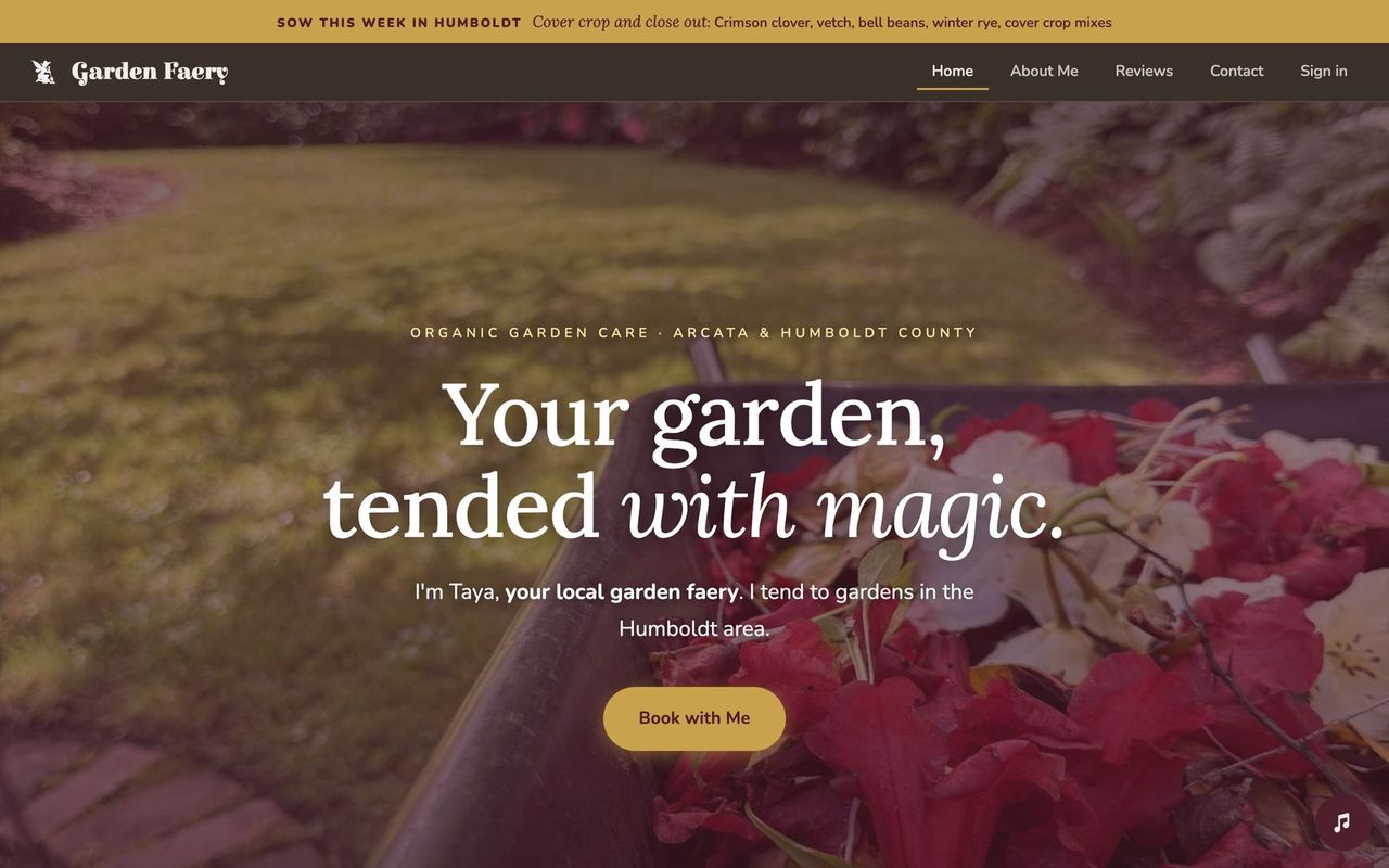Garden Faery’s home page on a laptop: a garden photo and the headline Your garden, tended with magic