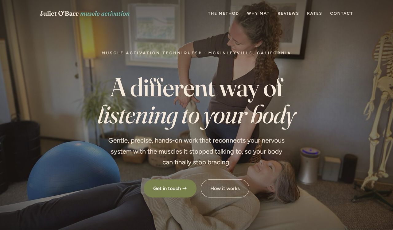 Juliet’s home page on a laptop: a warm photo of a session, and the headline A different way of listening to your body