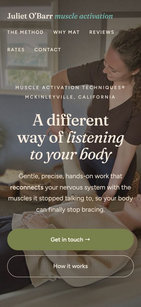 The same page on a phone, with big Get in touch and How it works buttons